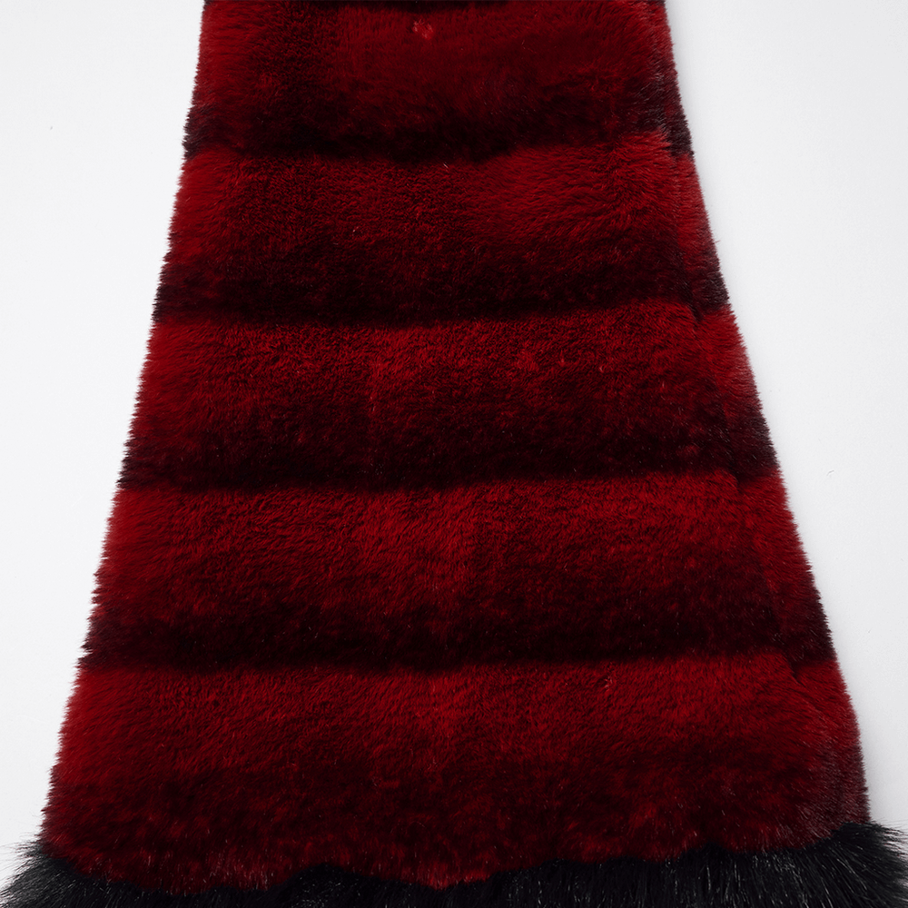 Gothic Striped Red Fur Leg Warmers with Buckle Straps in a striking red and black striped design.