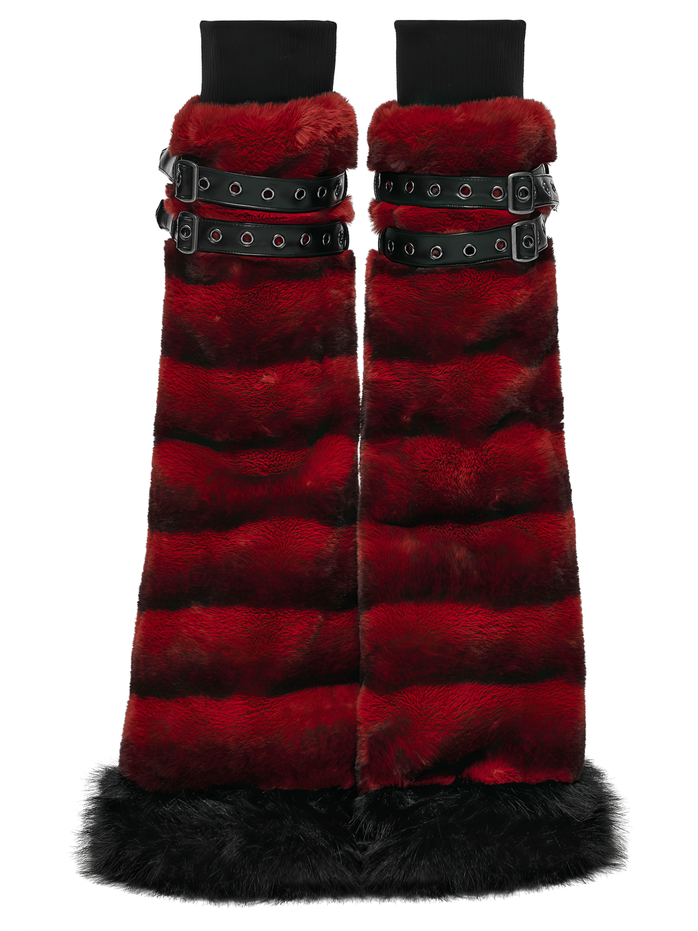 Gothic Striped Red Fur Leg Warmers with Buckle Straps featuring black fur trim and double buckle detailing.