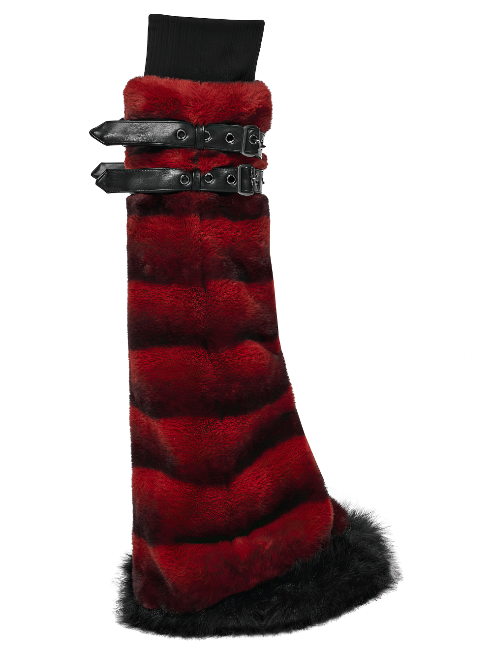 Gothic Striped Red Fur Leg Warmers with Buckle Straps showcasing a punk aesthetic with fluffy texture and edgy design.