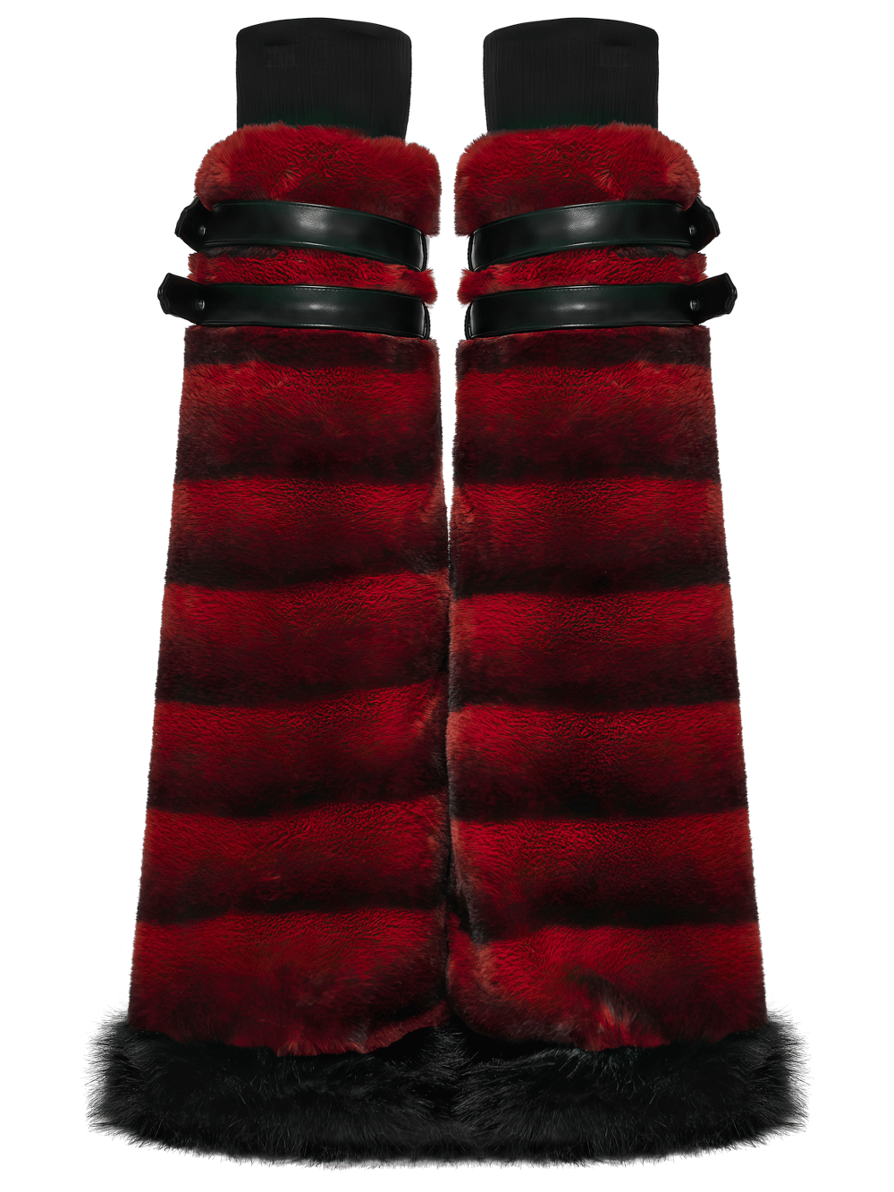 Gothic Striped Red Fur Leg Warmers with Buckle Straps in bold red and black design for punk style and warmth.