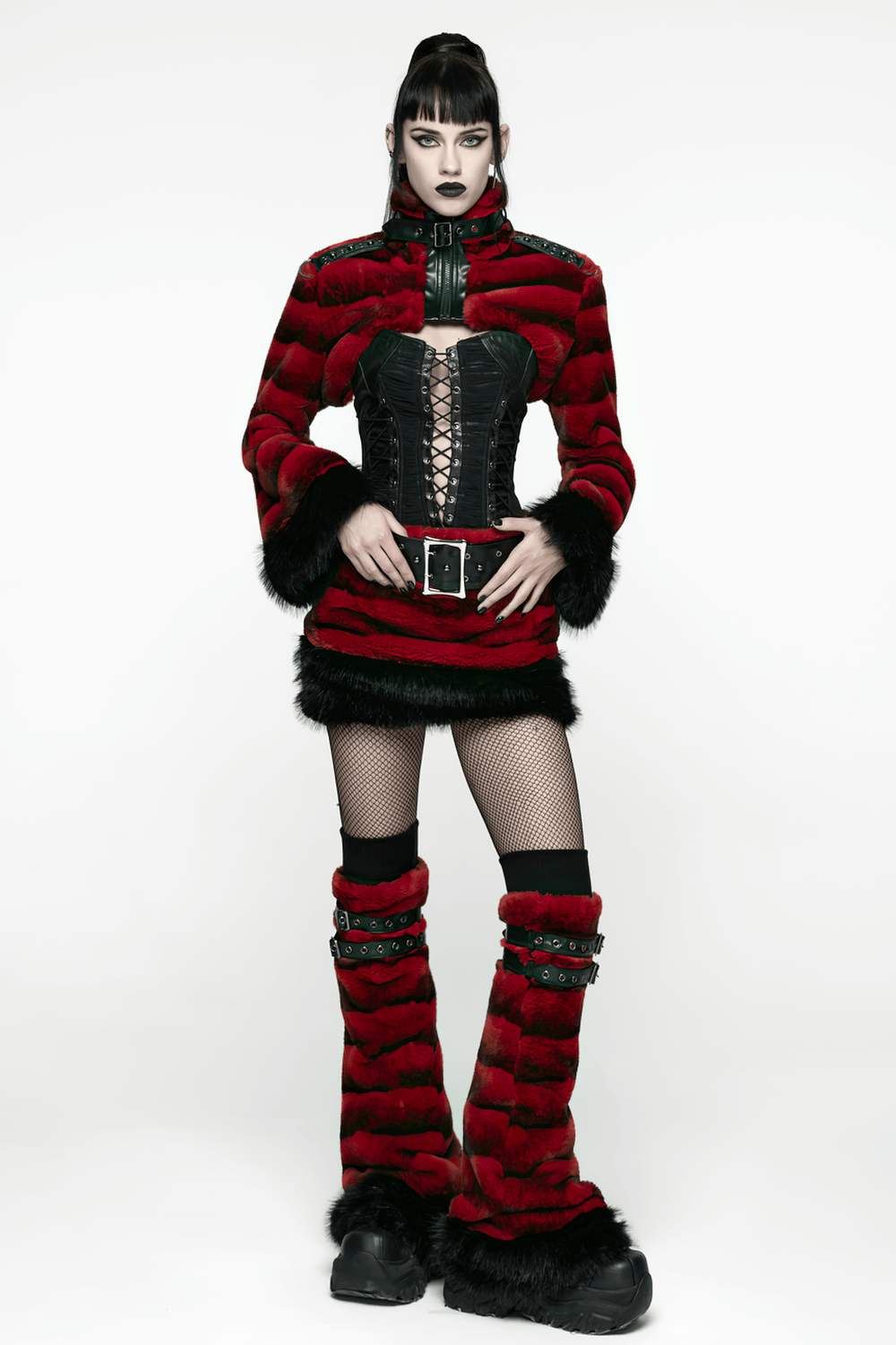 Gothic Striped Red Fur Leg Warmers with Buckle Straps worn by a model in a punk fashion outfit.