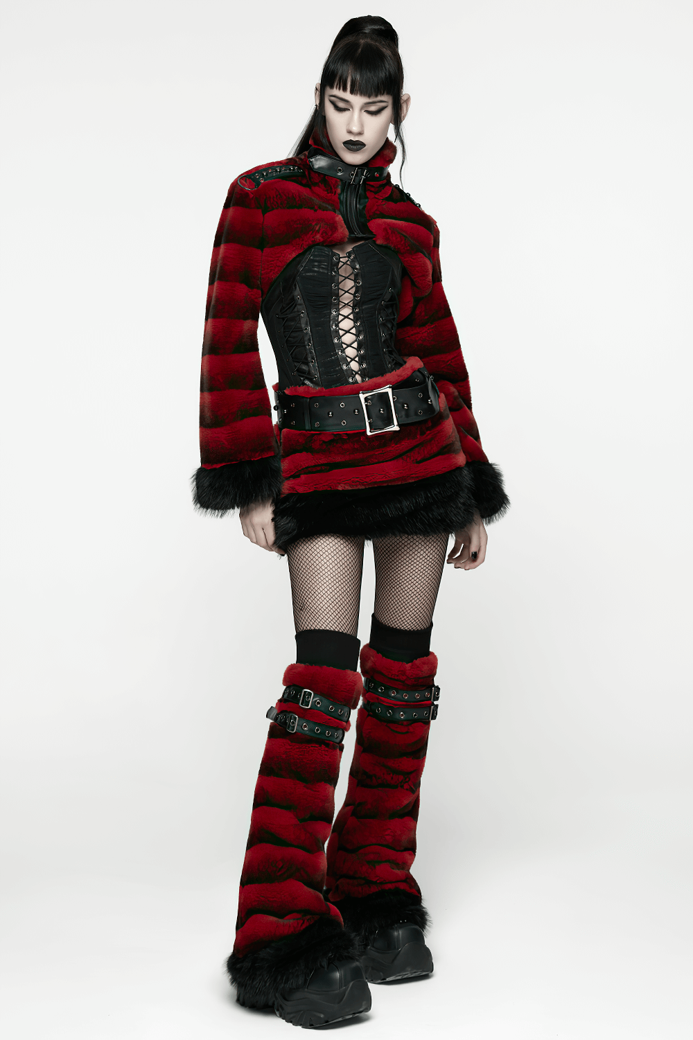 Gothic Striped Red Fur Leg Warmers with Buckle Straps worn by a model showcasing punk fashion.