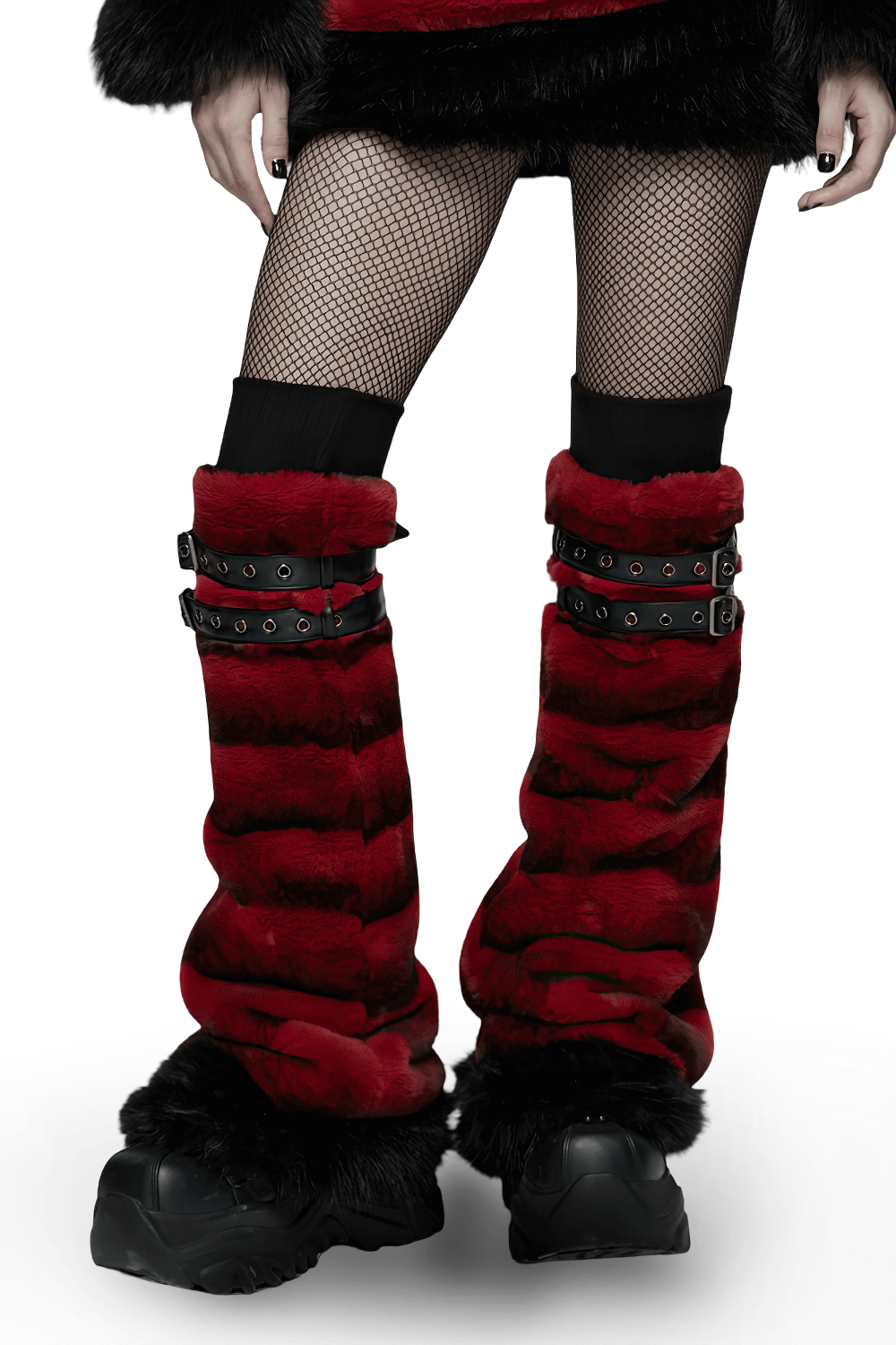 Gothic Striped Red Fur Leg Warmers with Buckle Straps featuring thick, eco-friendly artificial fur and edgy buckle straps.