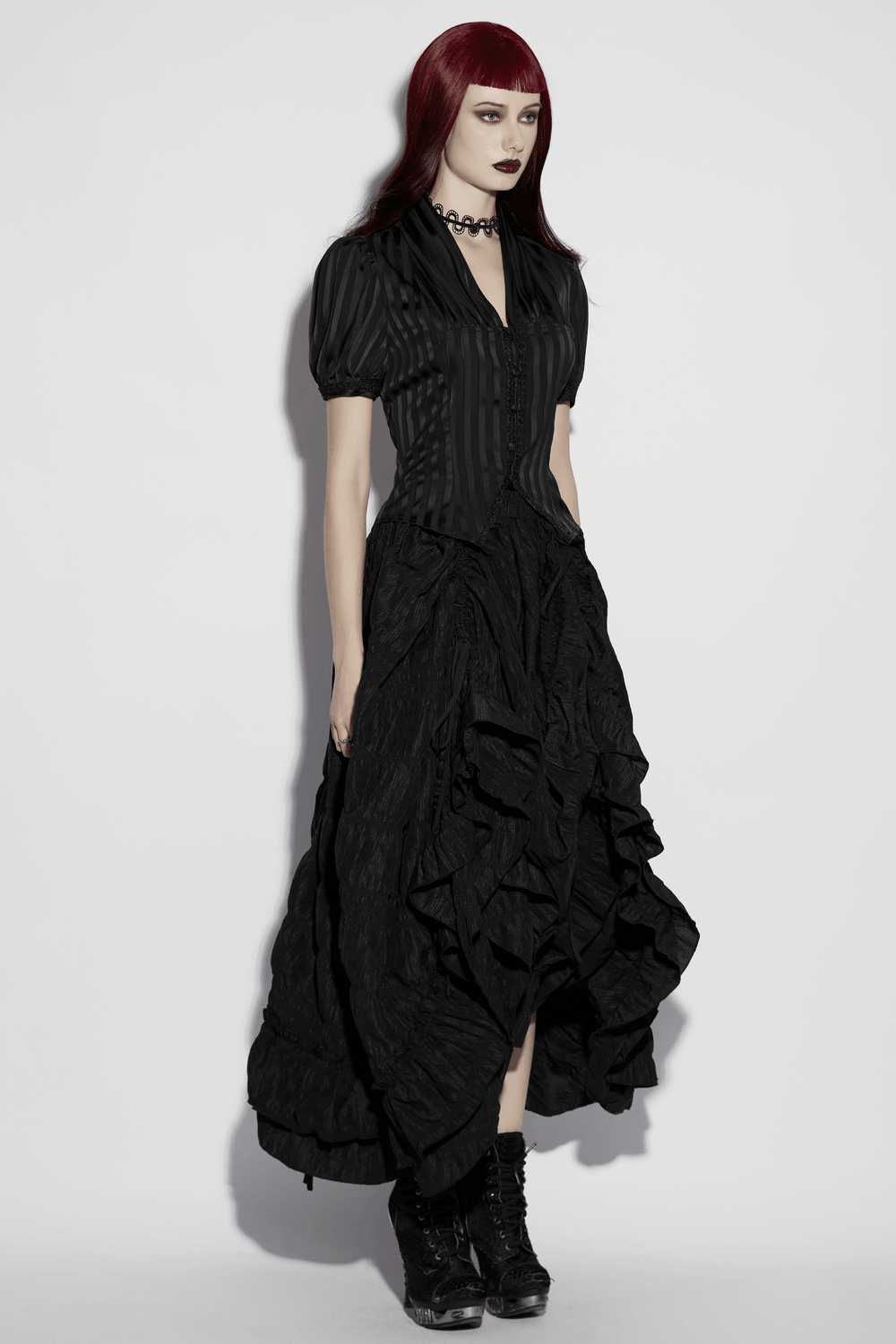 Gothic Striped Shirt with V-Neck and Puff Sleeves on model, showcasing dark romance and vintage charm.