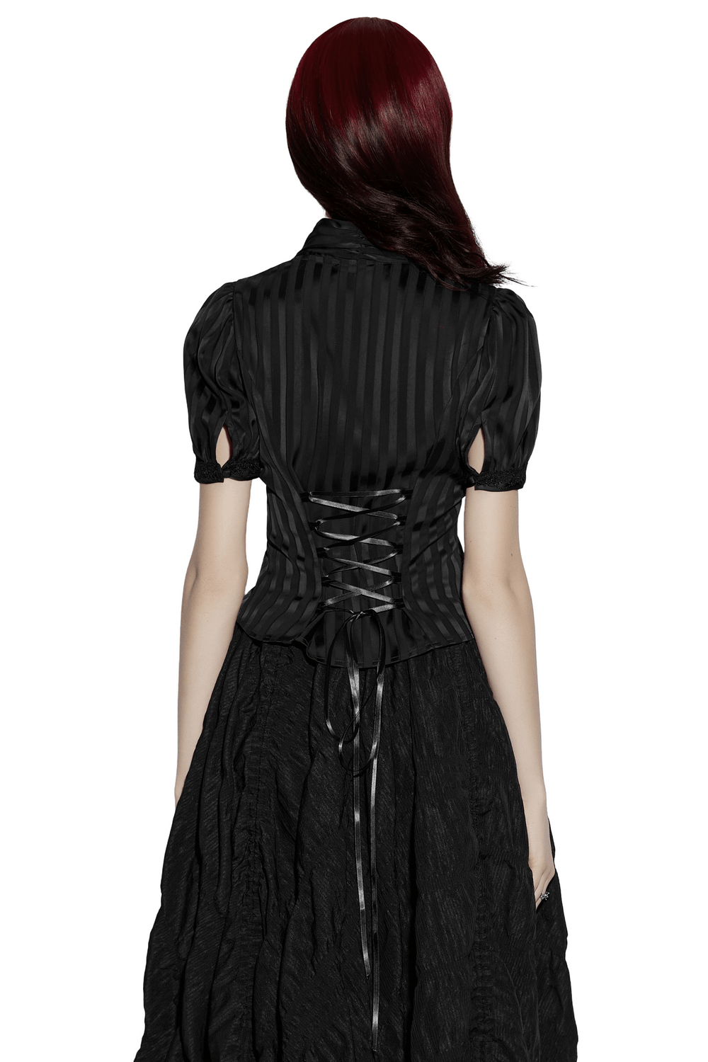 Back view of Gothic Striped Shirt with V-Neck and Puff Sleeves showcasing corset lacing and dramatic puff sleeves.