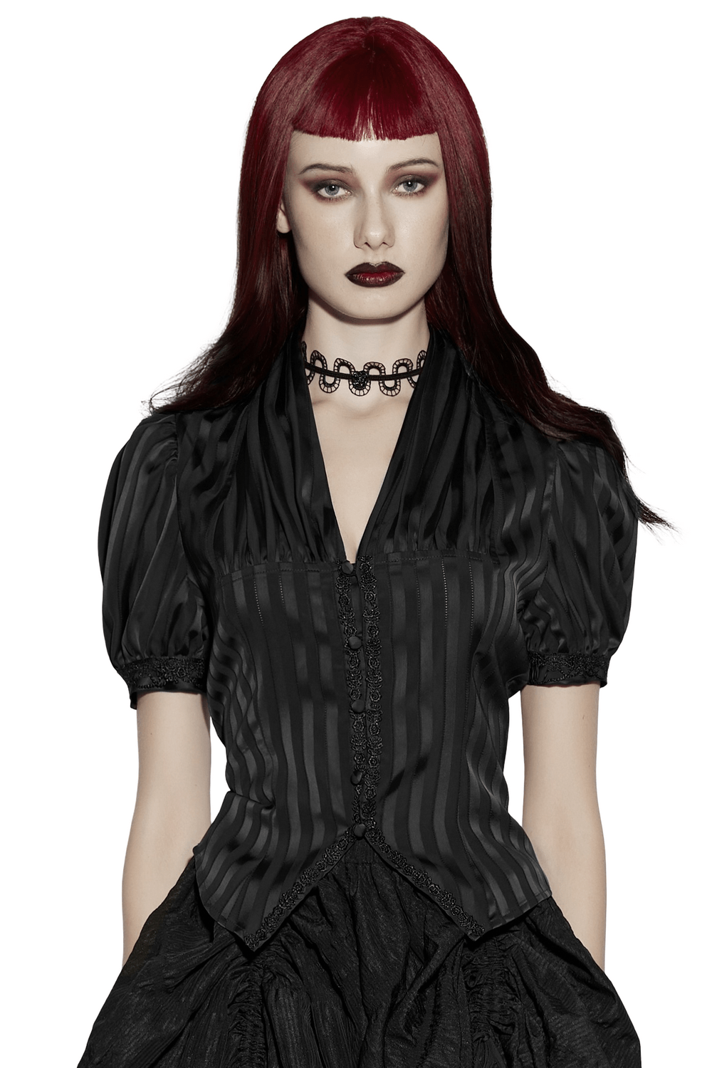 Gothic Striped Shirt with V-Neck and Puff Sleeves worn by a model, featuring dramatic puff sleeves and lace details.