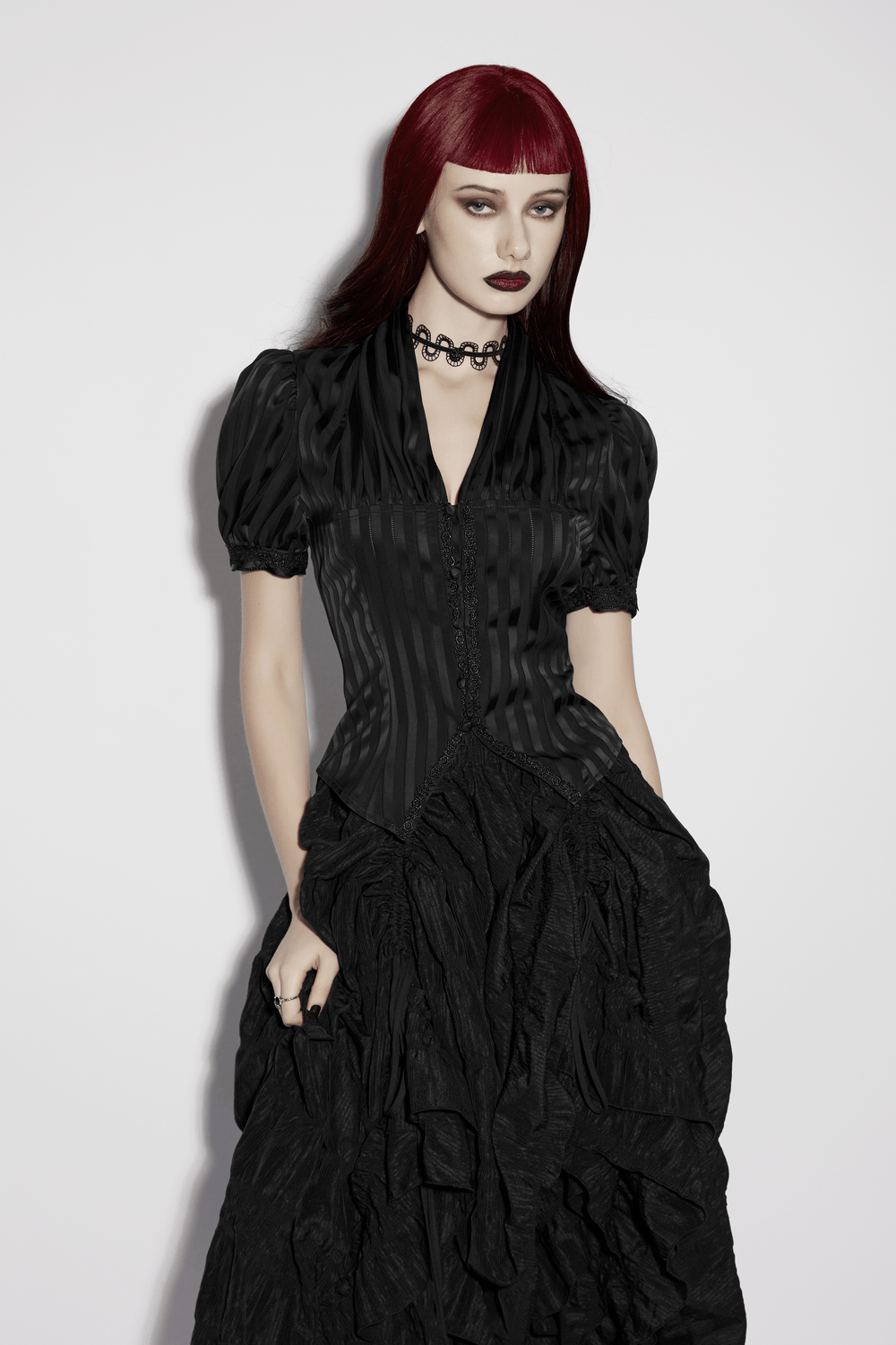 Gothic Striped Shirt with V-Neck and Puff Sleeves worn by a model, featuring ornate collar and dramatic puff sleeves.