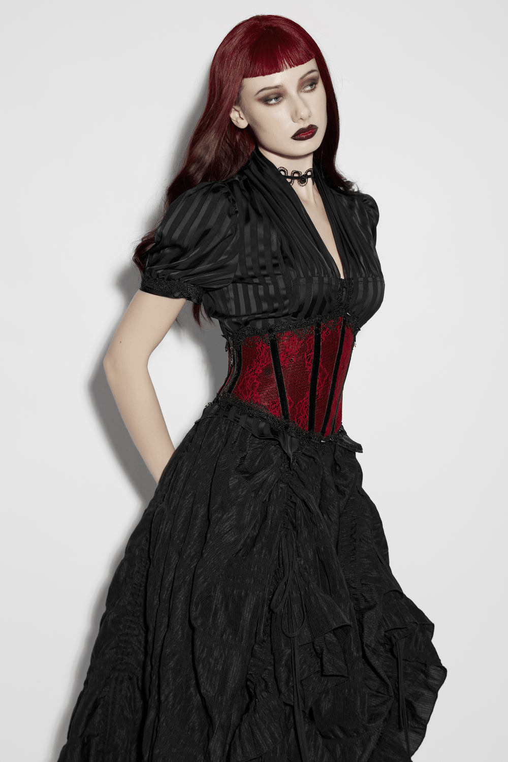 Gothic Striped Shirt with V-Neck and Puff Sleeves worn by a model in black lace outfit with red corset and choker.