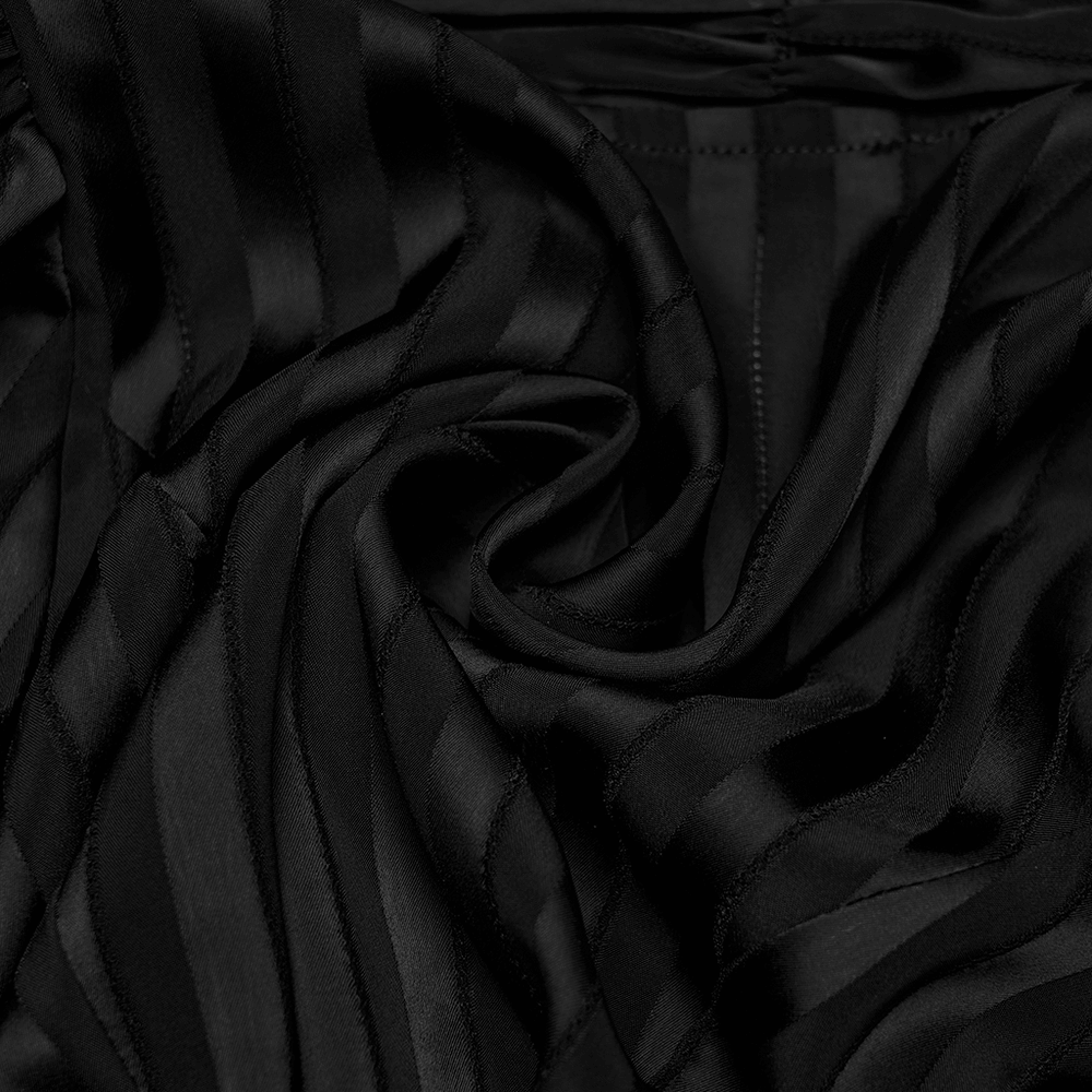 Gothic Striped Shirt with V-Neck and Puff Sleeves fabric close-up, featuring elegant black stripes and soft texture.