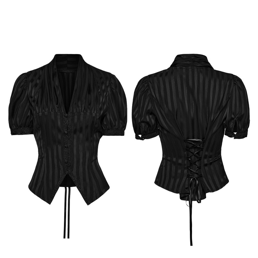 Gothic Striped Shirt with V-Neck and Puff Sleeves, featuring a fitted silhouette and corset lacing details.