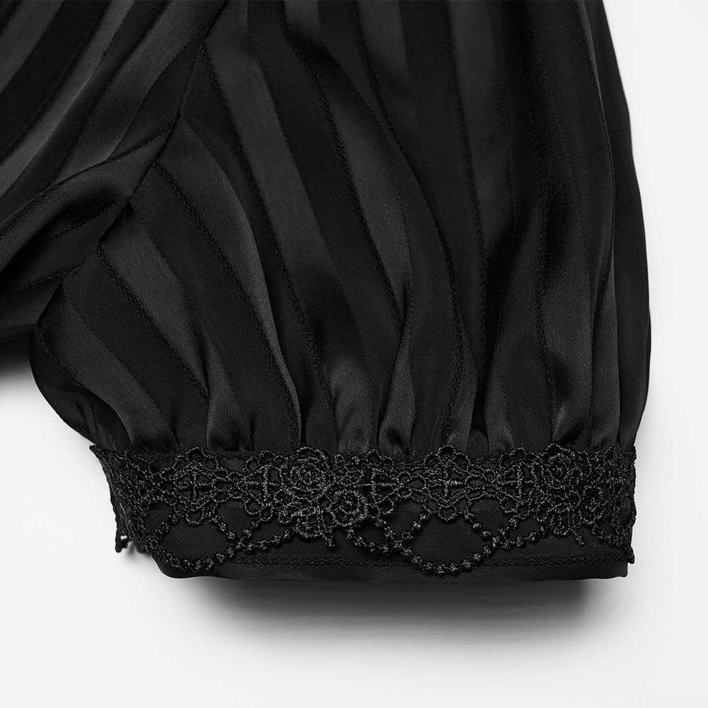Gothic Striped Shirt with V-Neck and Puff Sleeves featuring intricate lace trim detail on the puff sleeve.