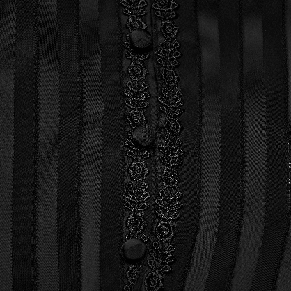 Gothic Striped Shirt with V-Neck and Puff Sleeves featuring lace detailing and button accents