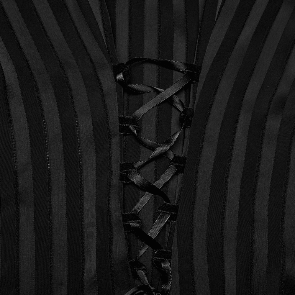 Gothic Striped Shirt with V-Neck and Puff Sleeves featuring back corset lacing and elegant black stripes.