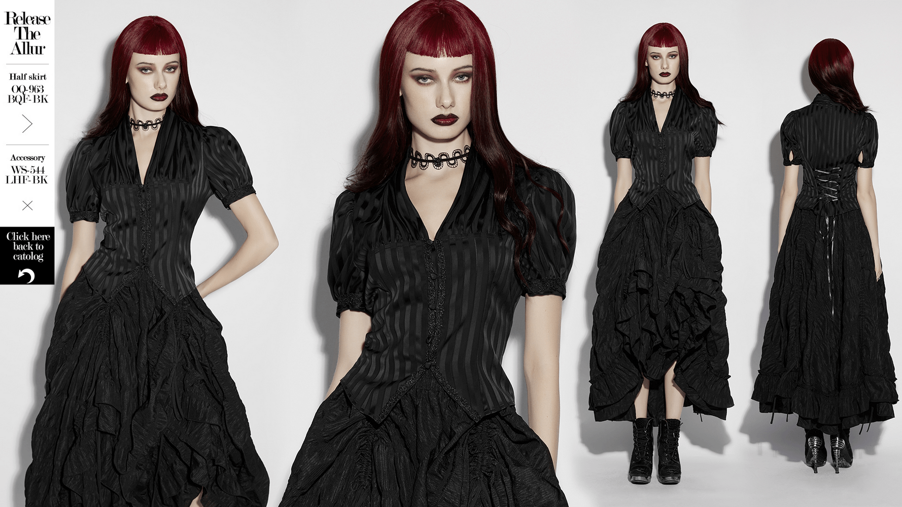Gothic Striped Shirt with V-Neck and Puff Sleeves showcasing black lace-up blouse with dramatic puff sleeves.