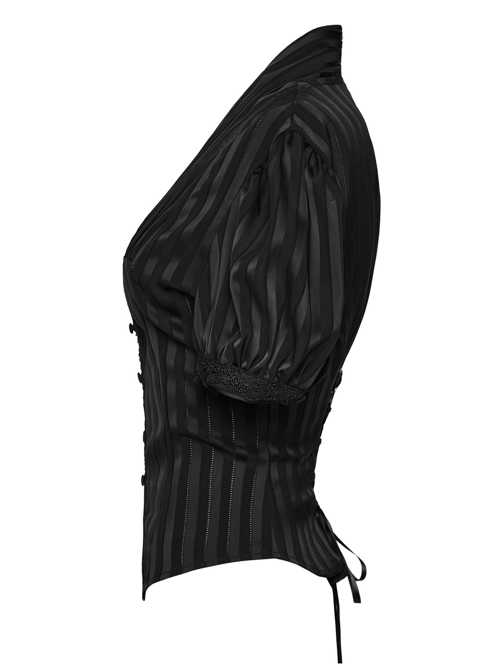 Gothic Striped Shirt with V-Neck and Puff Sleeves side view showcasing black lace fabric and sculpted silhouette