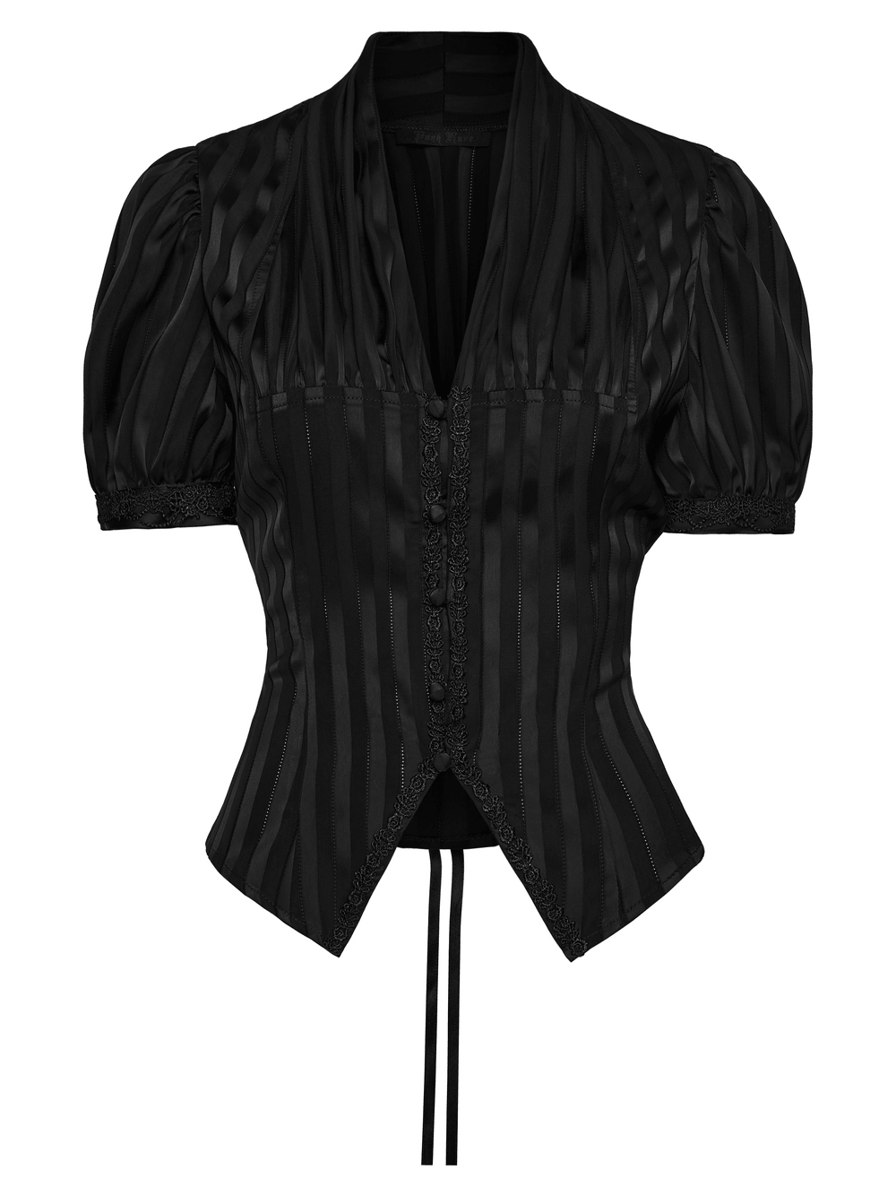 Gothic Striped Shirt with V-Neck and Puff Sleeves black lace-up blouse with puff sleeves and vintage details.