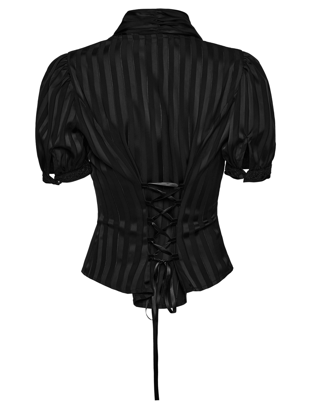 Gothic Striped Shirt with V-Neck and Puff Sleeves back view showcasing lace-up detail and elegant silhouette.