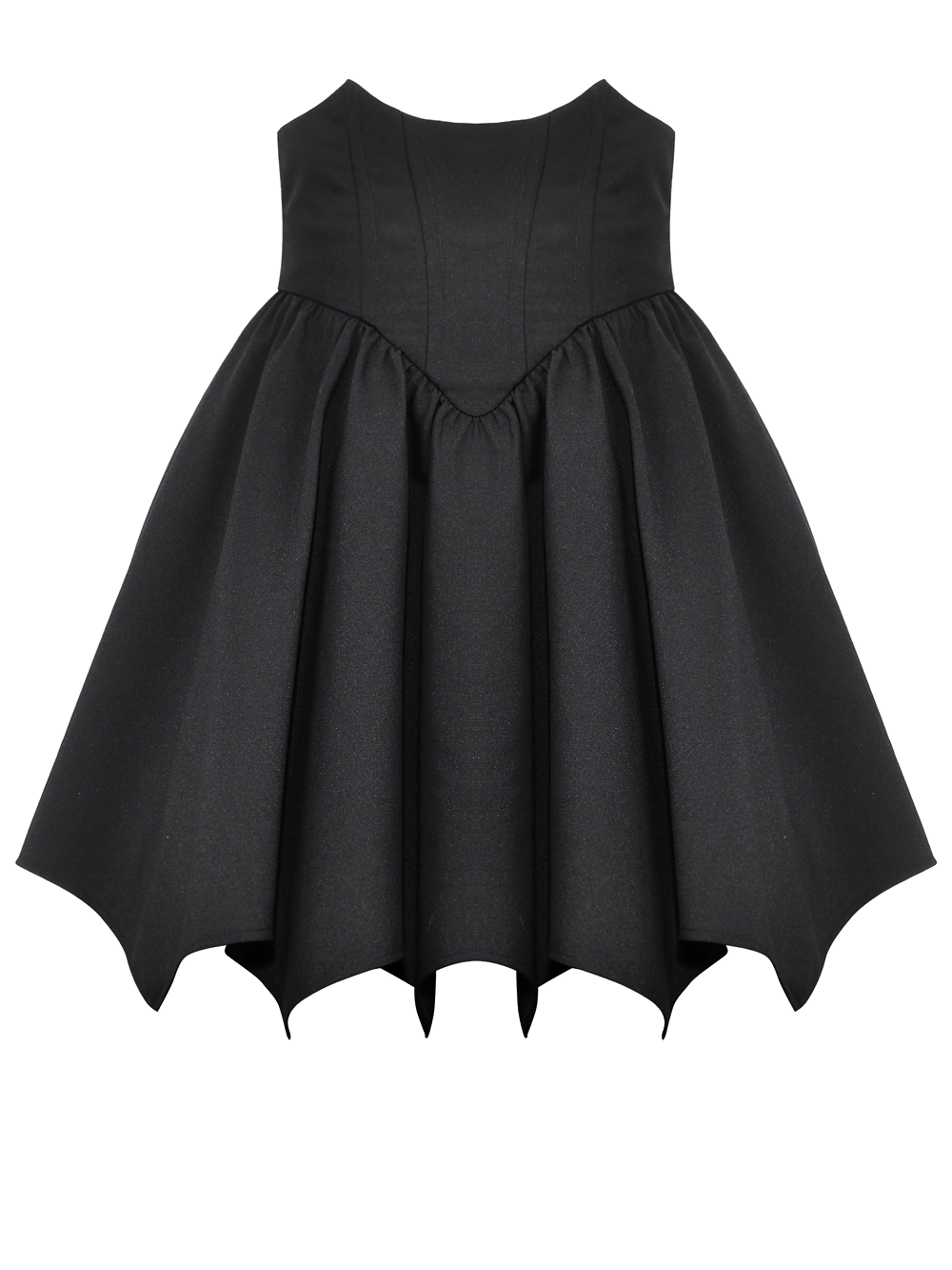 Gothic structured black A-line skirt with dramatic asymmetrical hem and elegant flared design for women.