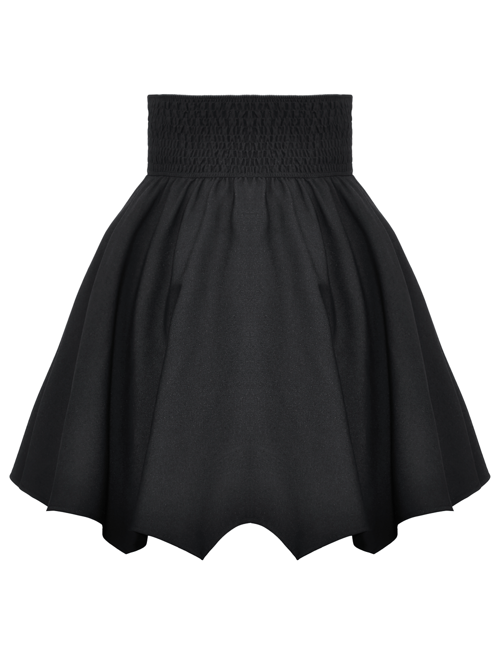 Gothic black A-line skirt with asymmetrical hem and structured design for a dramatic, elegant look.