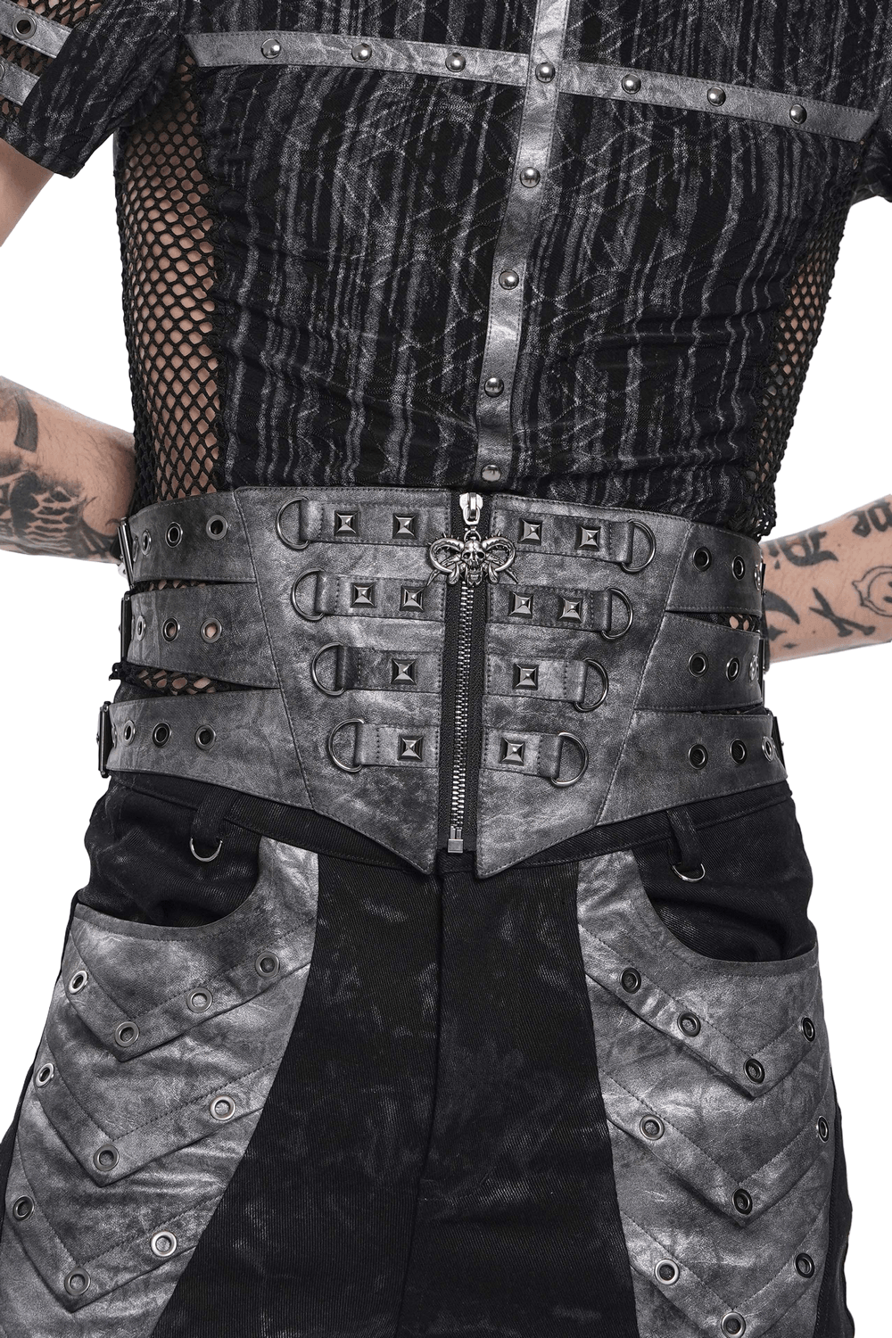 Gothic Studded Corset Belt With Front Zipper Detail
