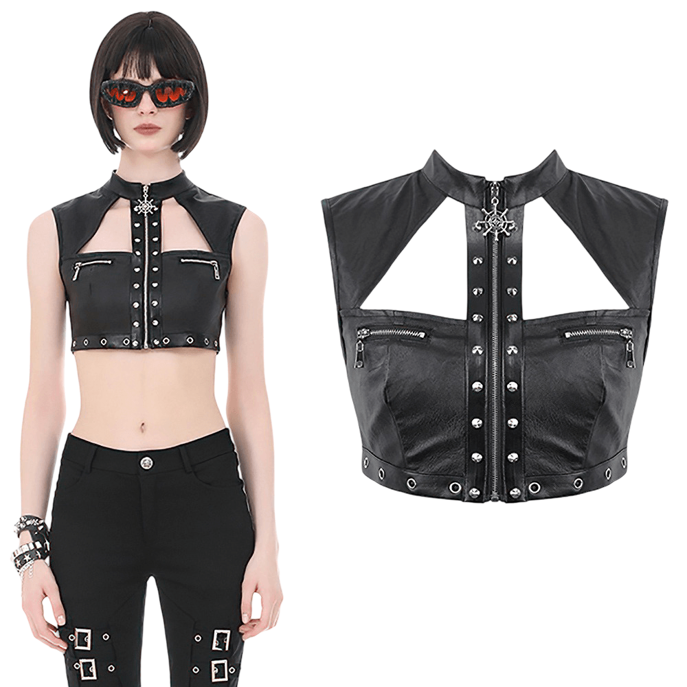 Gothic Studded Faux Leather Crop Top with Zipper