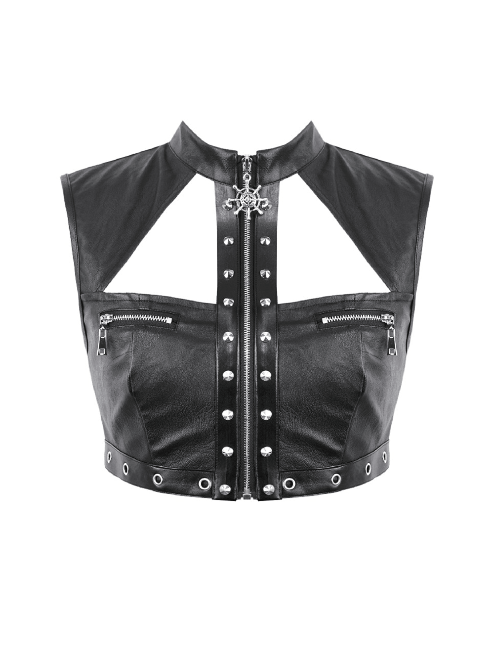 Gothic Studded Faux Leather Crop Top with Zipper