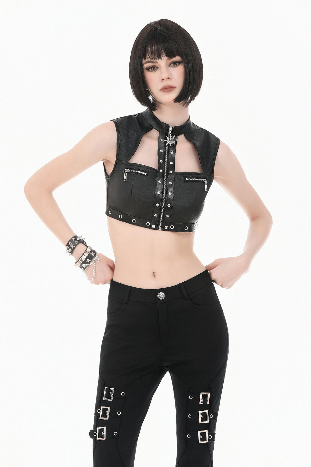 Gothic Studded Faux Leather Crop Top with Zipper