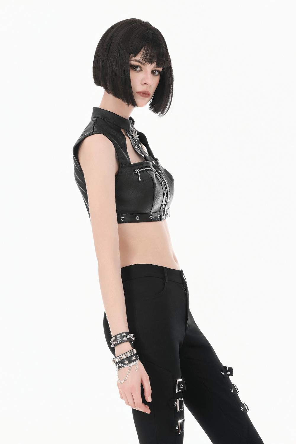 Gothic Studded Faux Leather Crop Top with Zipper