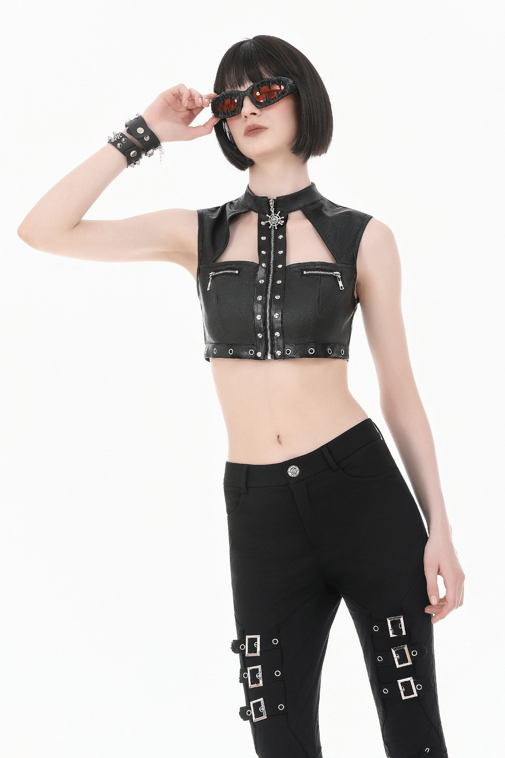 Gothic Studded Faux Leather Crop Top with Zipper