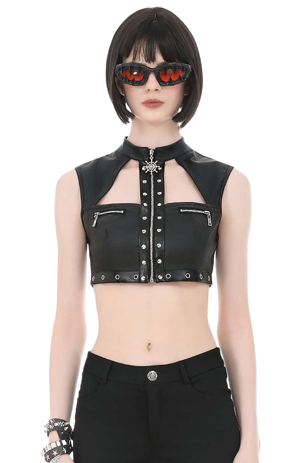 Gothic Studded Faux Leather Crop Top with Zipper