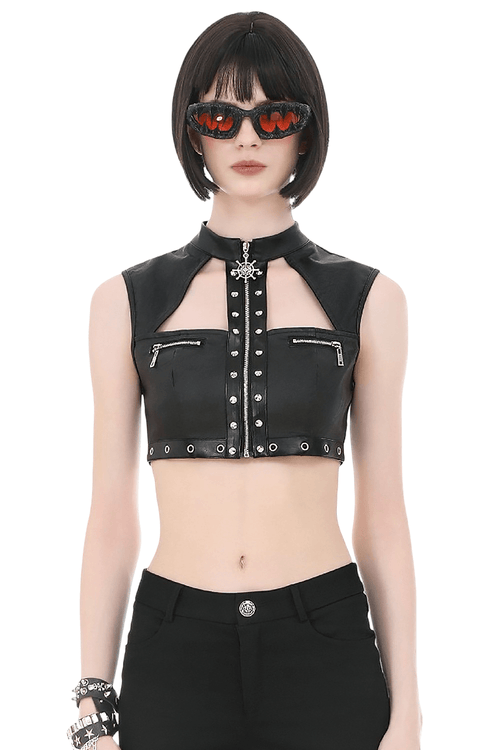 Gothic Studded Faux Leather Crop Top with Zipper