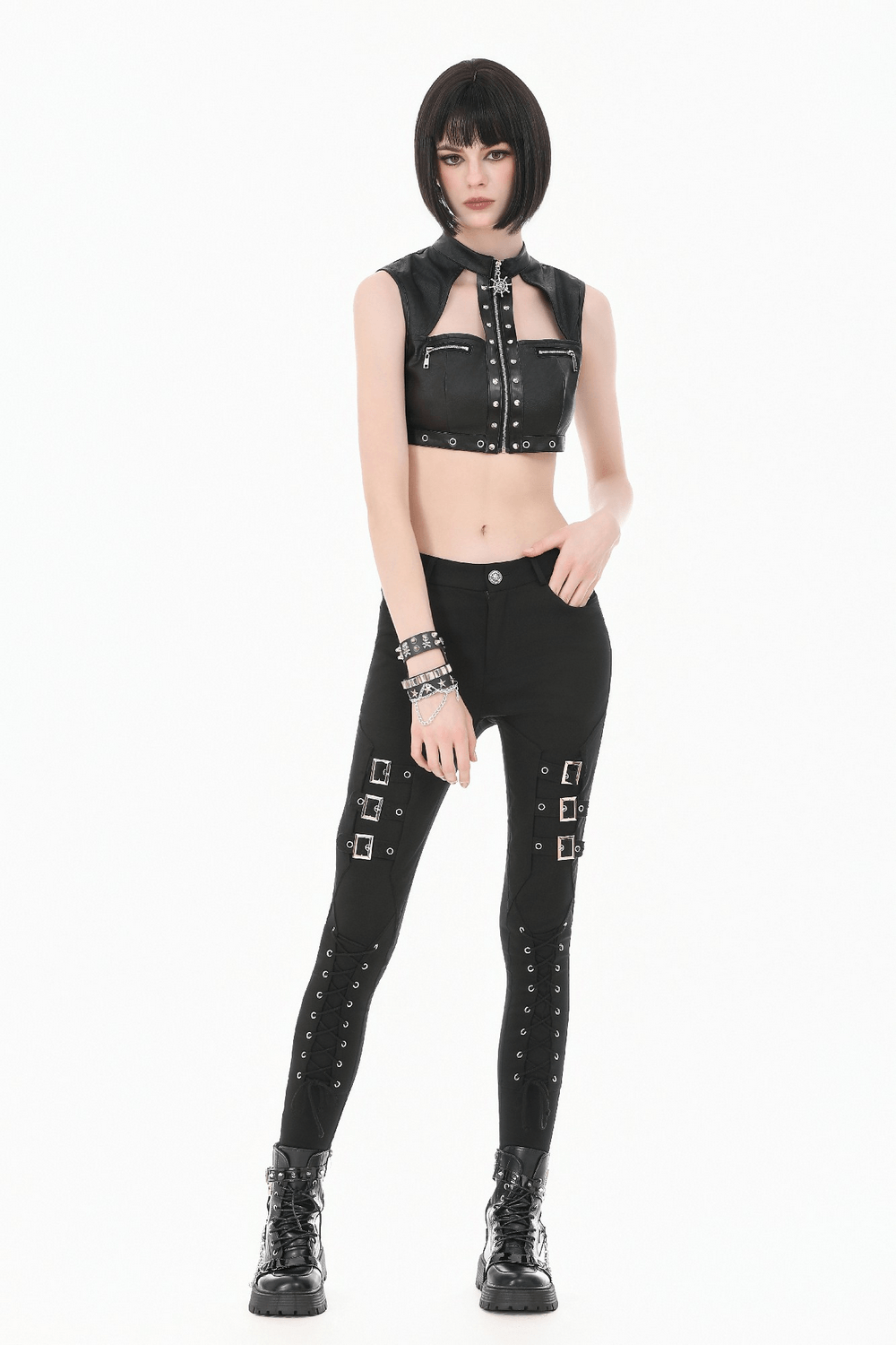 Gothic Studded Faux Leather Crop Top with Zipper