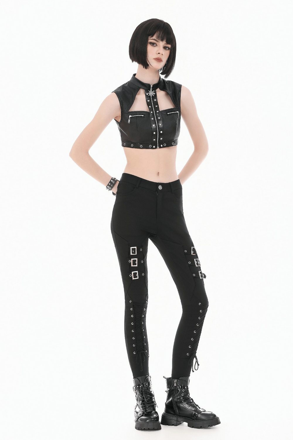 Gothic Studded Faux Leather Crop Top with Zipper