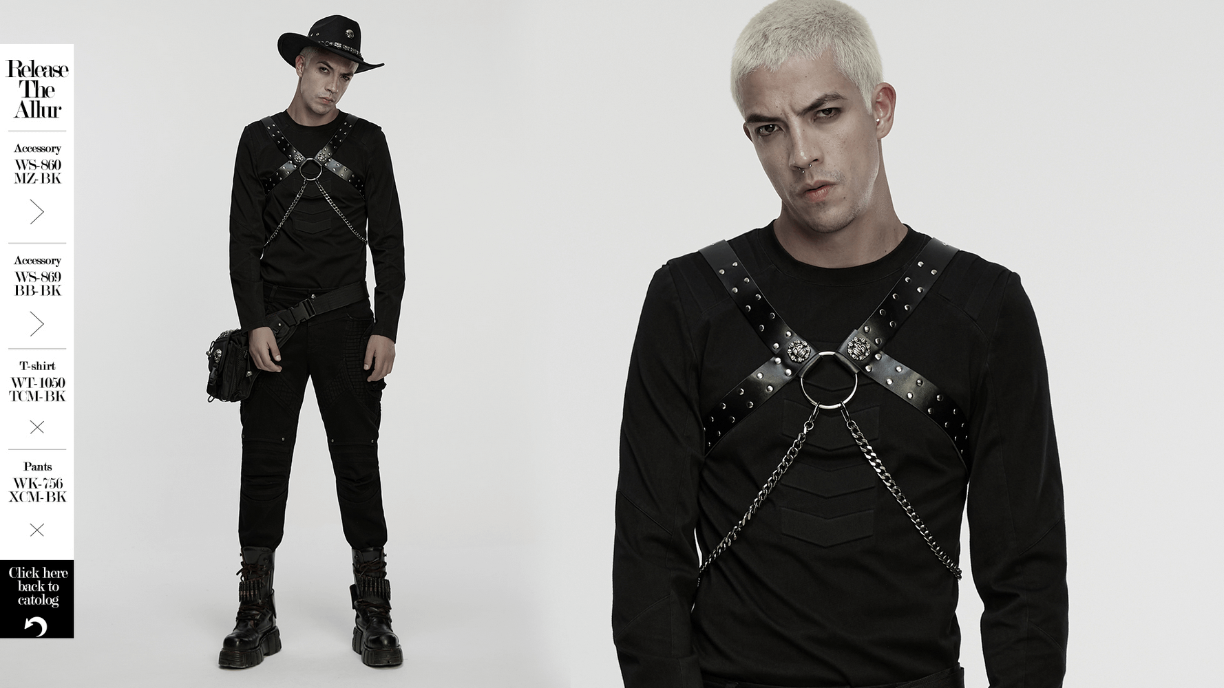 Gothic Studded PU Leather Harness with Chains showcased on a male model with punk style.