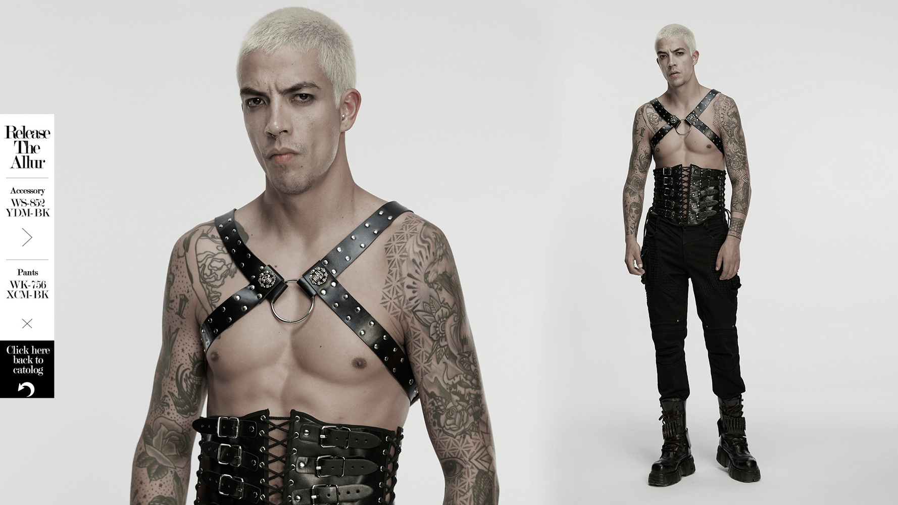 Gothic Studded PU Leather Harness with Chains worn by a model showcasing punk style and adjustable straps.