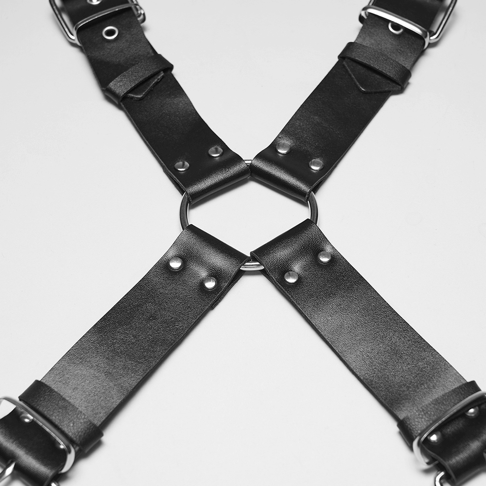 Gothic Studded PU Leather Harness with Chains featuring adjustable straps and studded details.