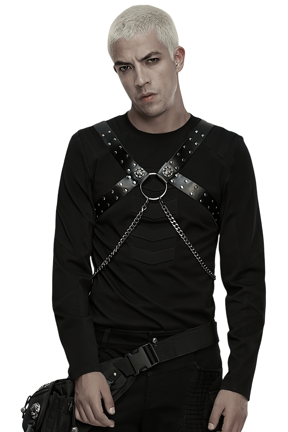 Gothic Studded PU Leather Harness with Chains worn by a model in black attire.