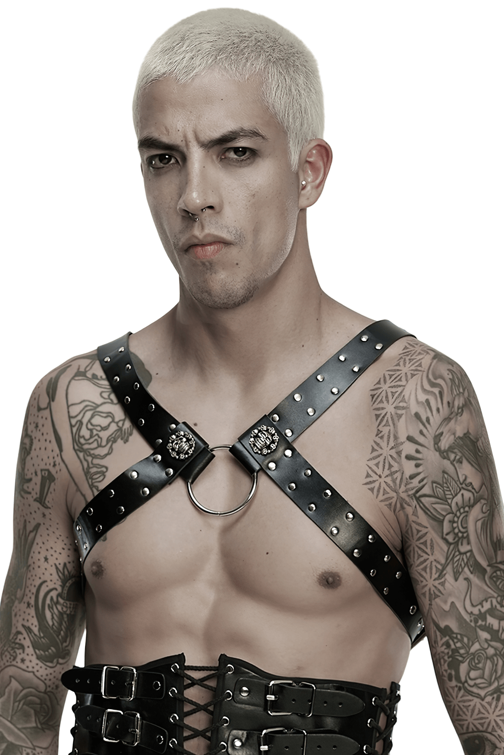 Gothic Studded PU Leather Harness with Chains worn by a tattooed man showcasing edgy punk fashion.