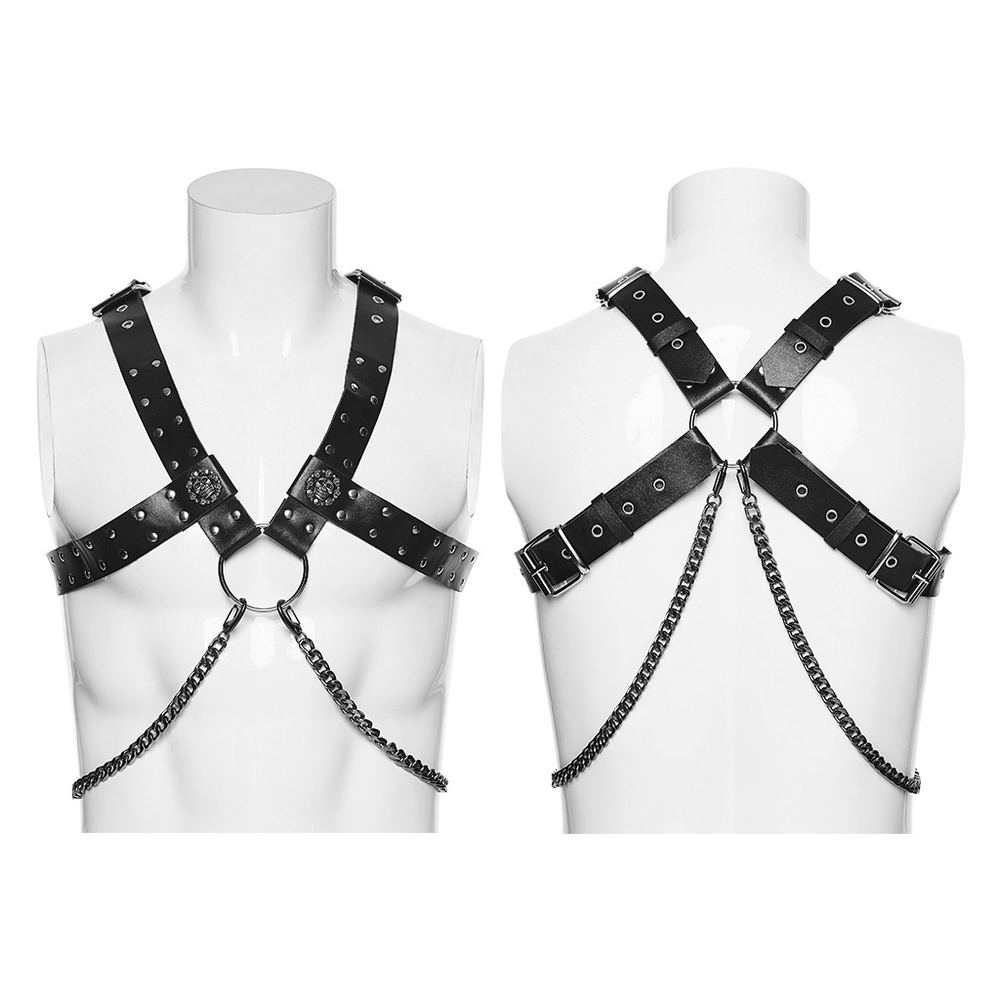 Gothic Studded PU Leather Harness with Chains displayed on a mannequin, showcasing adjustable straps and detachable chains.