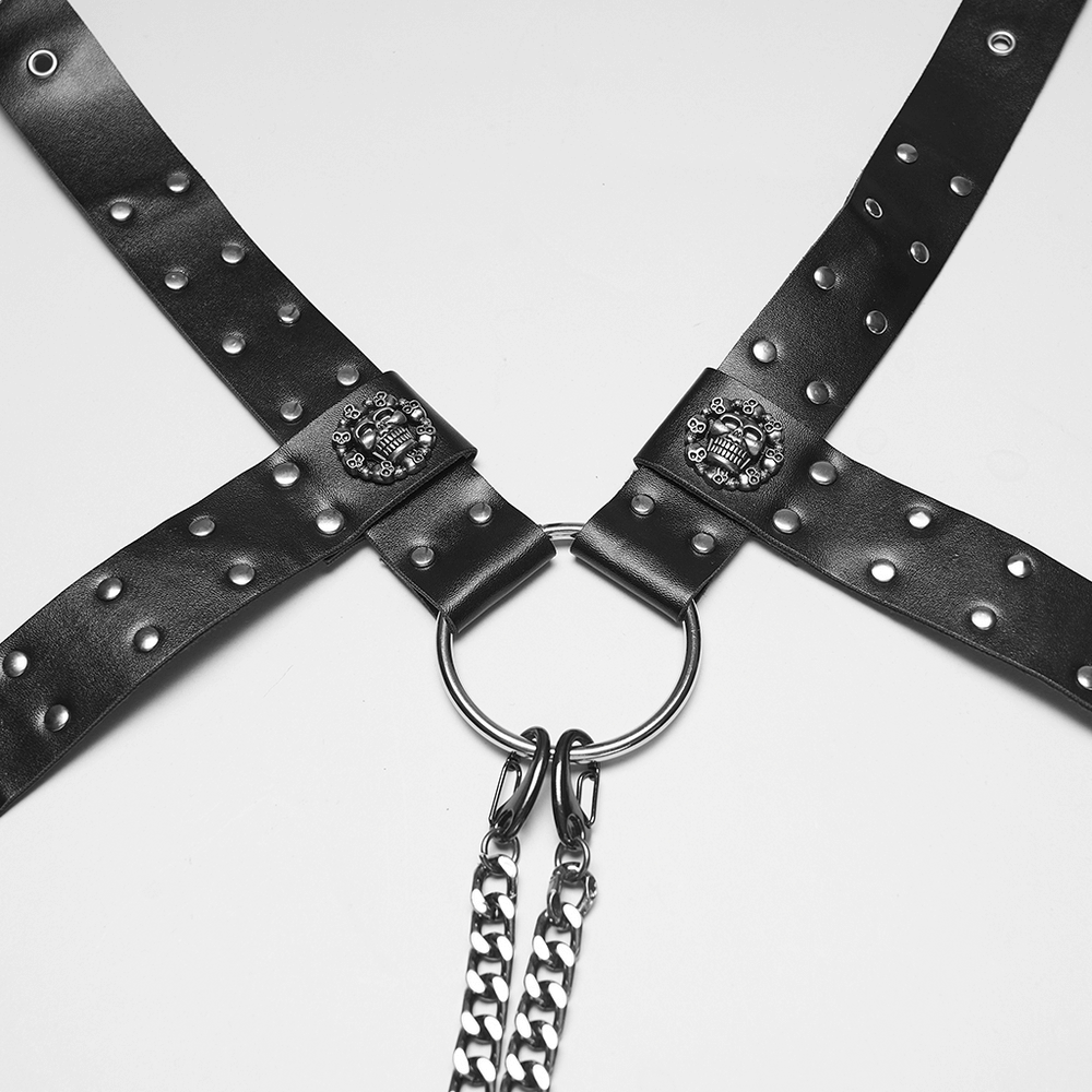 Gothic Studded PU Leather Harness with Chains featuring adjustable straps and detachable metal chains
