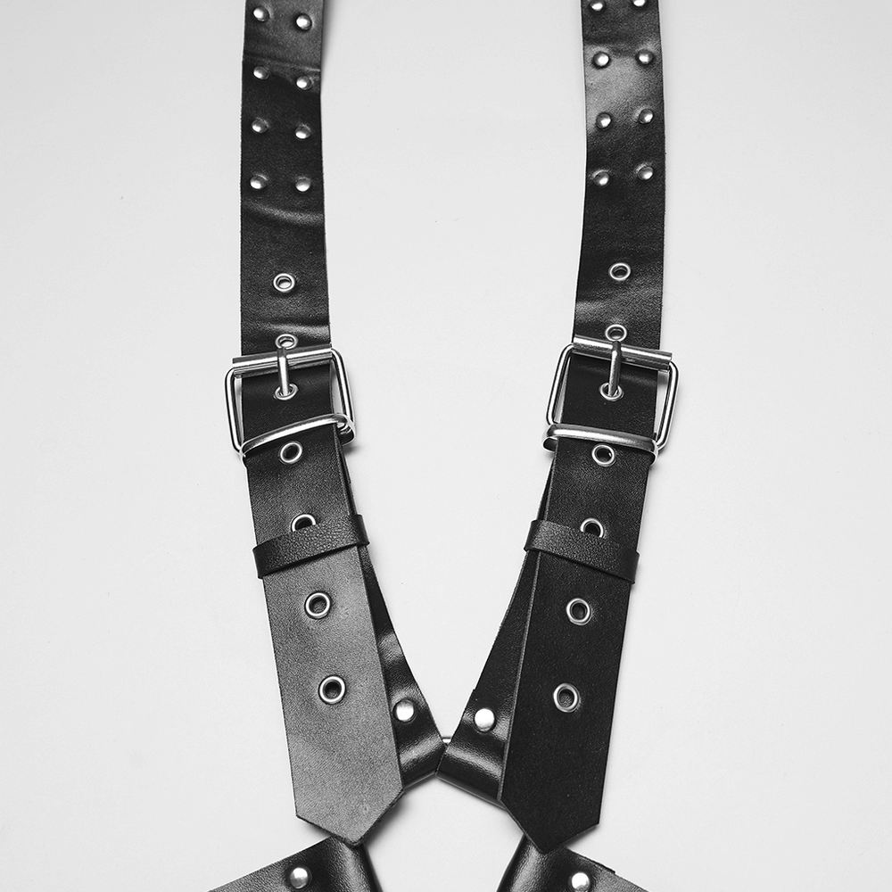 Gothic Studded PU Leather Harness with Chains featuring adjustable straps and bold studs.