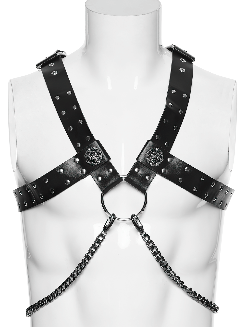 Gothic Studded PU Leather Harness with Chains featuring adjustable straps and detachable metal chains.