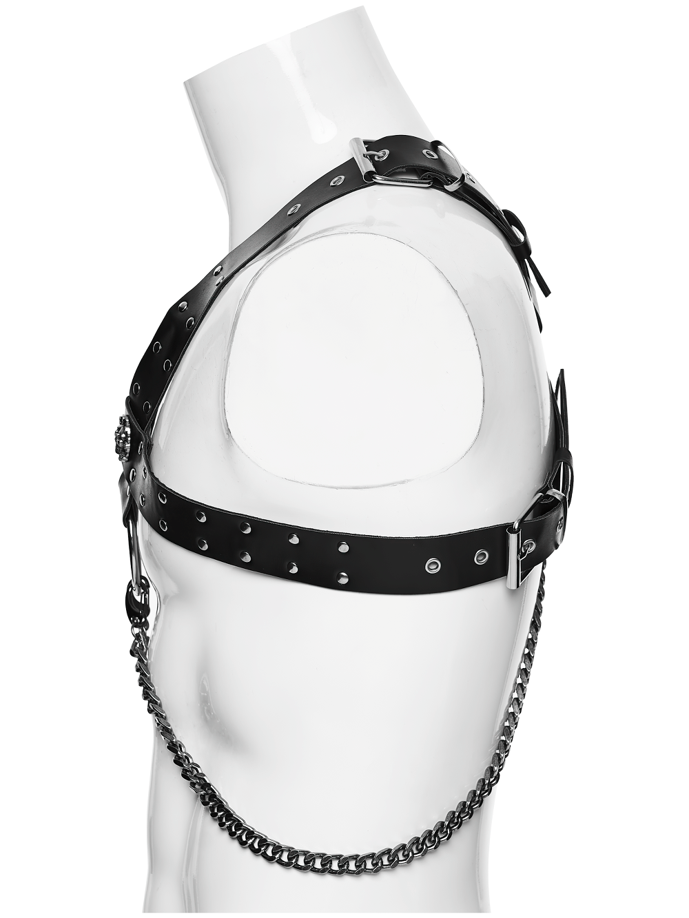Gothic Studded PU Leather Harness with Chains displayed on a mannequin, showcasing its punk style and adjustable straps.