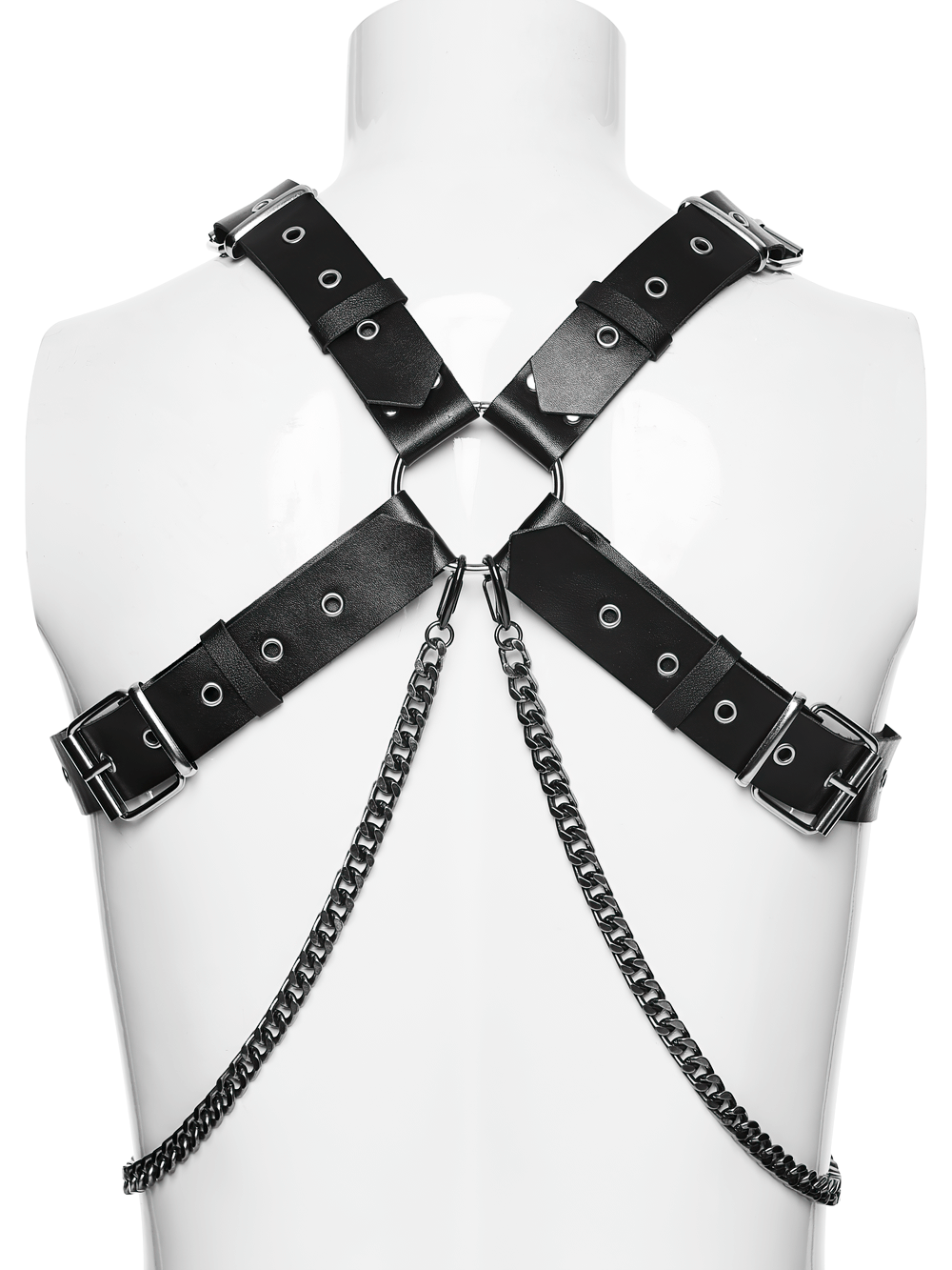Gothic Studded PU Leather Harness with Chains on a mannequin, showcasing adjustable straps and detachable chains.