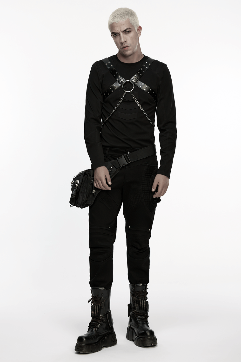 Gothic Studded PU Leather Harness with Chains worn by model in black attire, showcasing punk style and adjustable straps.