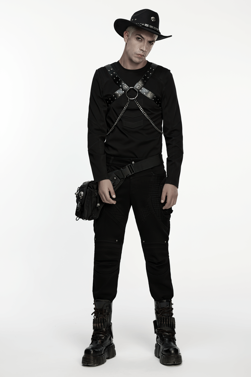 Gothic Studded PU Leather Harness with Chains worn by a model in punk fashion.