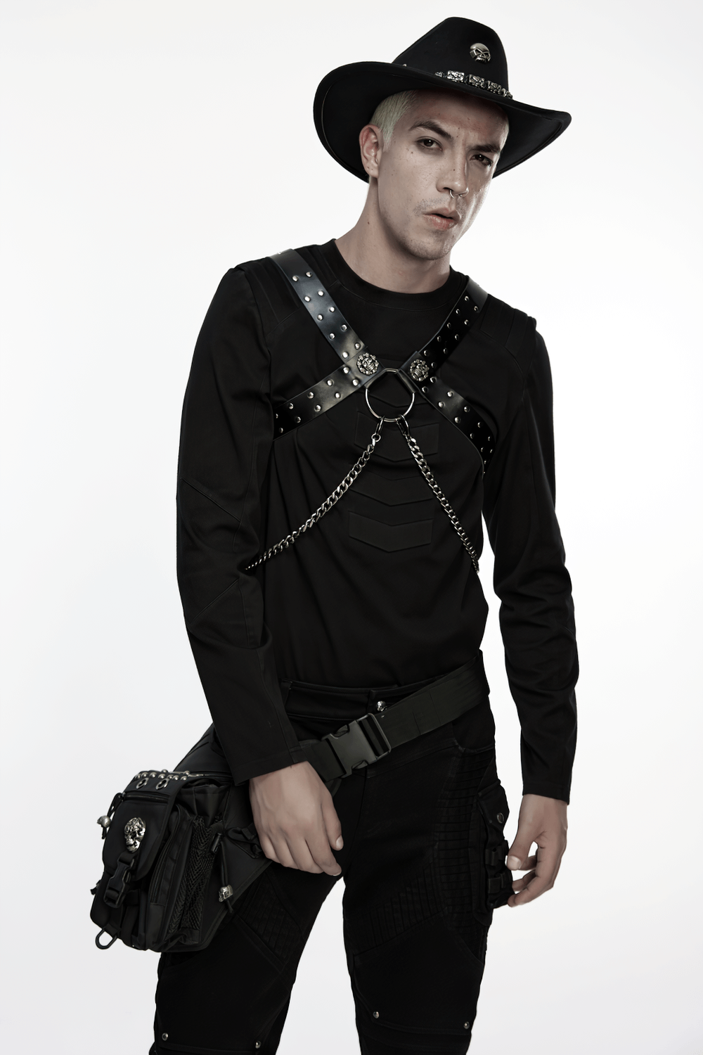Gothic Studded PU Leather Harness with Chains worn by a model in punk style attire.