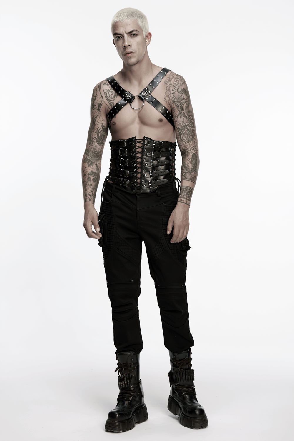 Gothic Studded PU Leather Harness with Chains worn by a model showcasing punk style fashion.