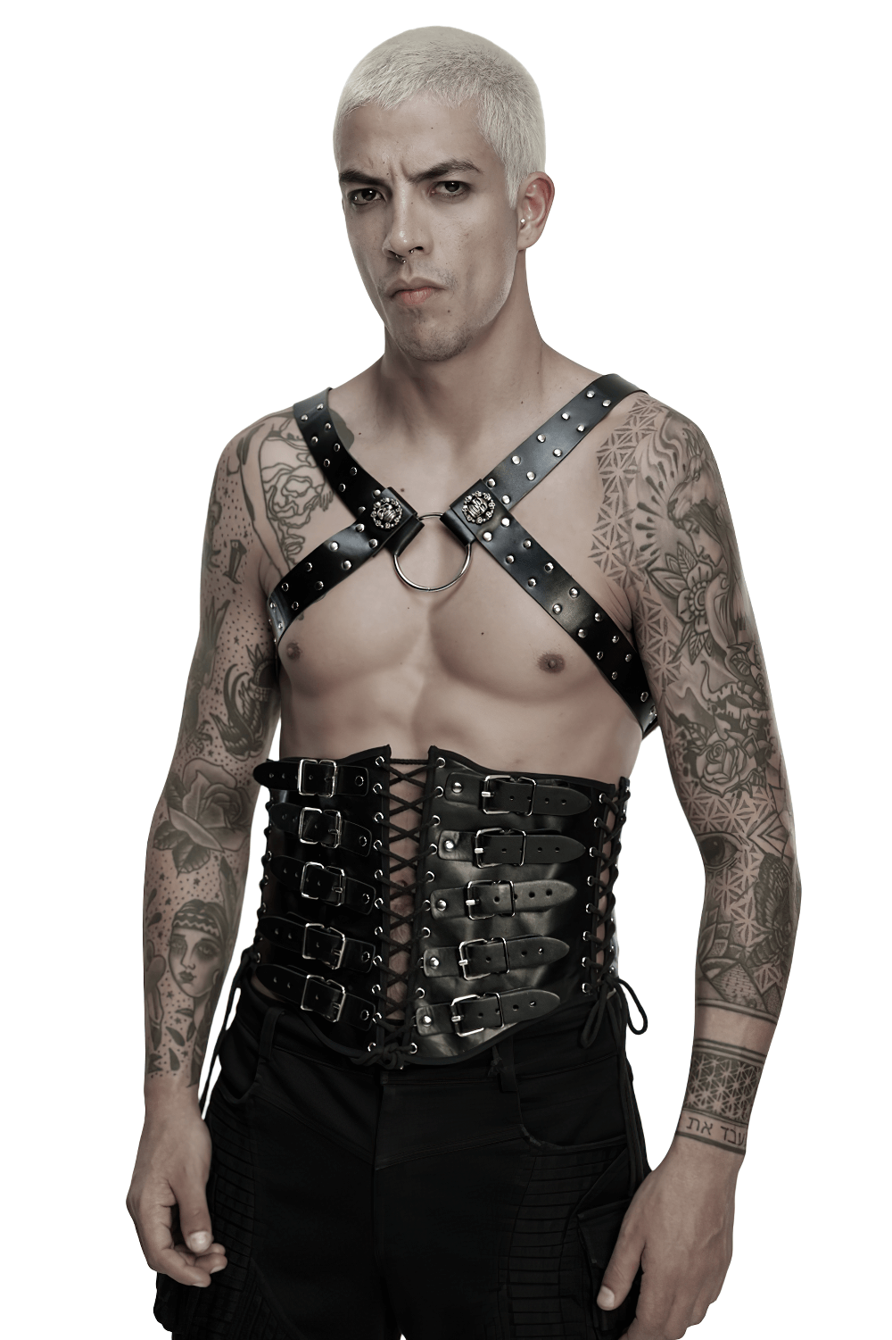 Gothic Studded PU Leather Harness with Chains worn by a model, showcasing adjustable straps and a bold punk look.