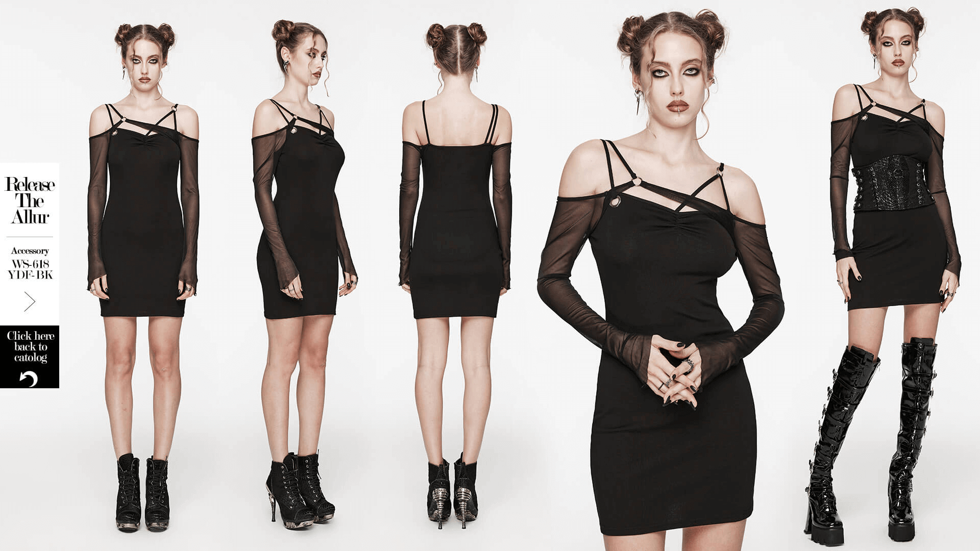 Gothic style asymmetric black mini dress with mesh sleeves and creative cut for a daring look.